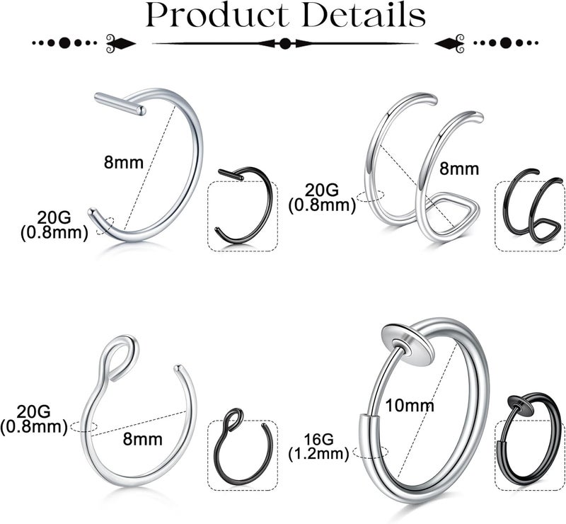 JFORYOU Fake Eyebrow Ring Fake Lip Labret Studs Replacement Balls Spike with 100pcs Sticker Non-Piercing Body Jewelry Fake Skin Piercing - Image 2